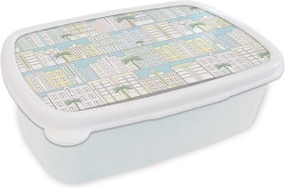 Broodtrommel Wit - Lunchbox - Brooddoos - Miami - Skyline - Patroon - USA - 18x12x6 cm - Volwassenen