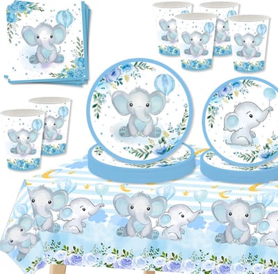 69P Babyblauw Servies Set voor Jongen, Blauwe Olifant Tafeldecoraties voor Baby Shower Party, Papieren Borden Bekers Servetten Tafelkleed Baby Shower Feestbenodigdheden voor 16 Gasten