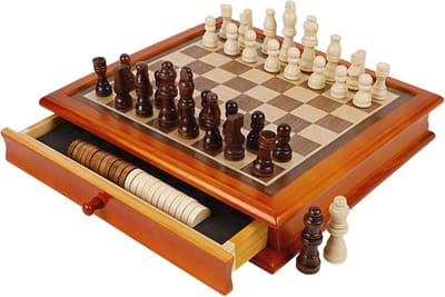 Houten Schaak- en Dammen Set 2-in-1 met Opberglade - Draagbaar en Compact voor Kinderen en Volwassenen