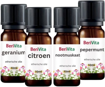 Reuktraining Set 1 - Etherische Olie - Geraniumolie 10ml, Citroenolie 10ml, Pepermuntolie 10ml, Nootmuskaatolie 10ml - Bij Reukverlies