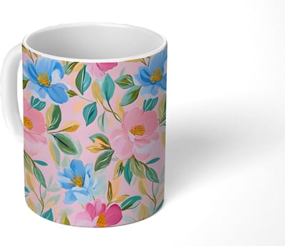 Mok - Koffiemok - Blauw - Roze - Bloemen - Mokken - 350 ML - Beker - Koffiemokken - Theemok