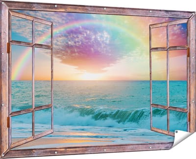 Gards Tuinposter Doorkijk Regenboog in het Water bij het Strand - 180x120 cm - Tuindoek - Tuindecoratie - Wanddecoratie buiten - Tuinschilderij