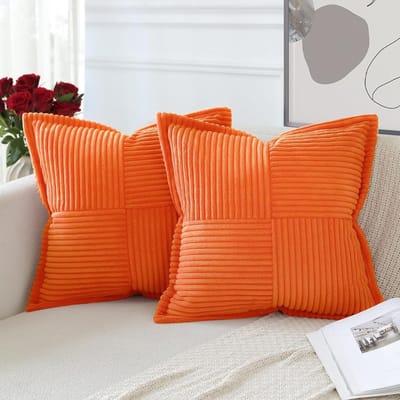 Famanu - Set van 2 corduroy kussenslopen, fluweel, zacht sierkussen, decoratieve kussensloop, moderne kussenhoezen, omwikkelde rand, bankkussens voor woonkamer, slaapkamer, oranje, 45 x 45 cm