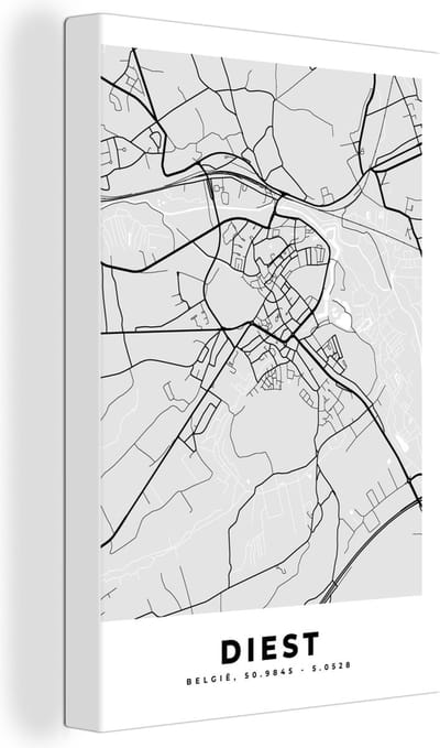 Canvas Schilderij Plattegrond – Diest – Zwart Wit – Stadskaart - Kaart - 20x30 cm - Wanddecoratie