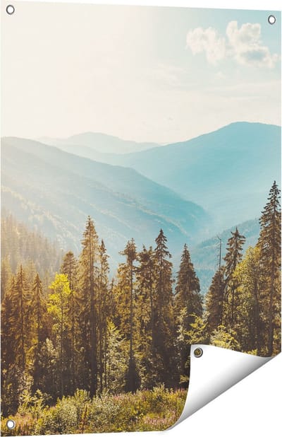 Gards Tuinposter Bos met Bomen in de Hoge Bergen - 60x80 cm - Tuindoek - Tuindecoratie - Wanddecoratie buiten - Tuinschilderij