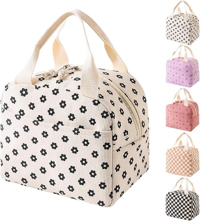 VHV - Lunchtas - Lunchtas dames - Geïsoleerde lunchtas - Geïsoleerde lunchbox voor dames - Corduroy geïsoleerde lunchtas - Voor school - Kantoor - Picknick - Gebroken witte bloemen