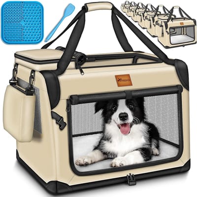 TRESKO® Opvouwbare hondenbox inclusief likmat en spatel, S, 50 x 34 x 34 cm, transportbox voor honden en katten, hondentransportbox voor kleine en grote honden, hondentas, robuust, beige
