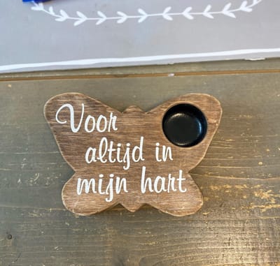 Houten tekstbordje - Vlinder - Voor altijd in mijn Hart - waxinelichtje - gedenklichtje