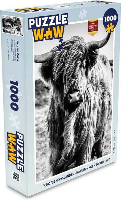Puzzel Schotse hooglander - Natuur - Koe - Zwart - Wit - Legpuzzel - Puzzel 1000 stukjes volwassenen