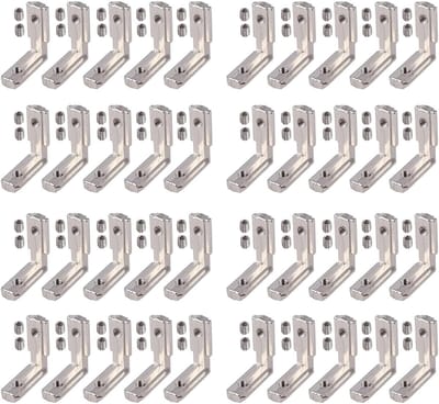 T-groove aluminium profiel 3030 met 90° L-vormige hoeken, binnen- en buitenhoeken, en M6 bevestigingsklemmen voor stevige constructies