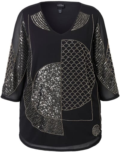 Ulla Popken - Dames - Chiffon blouse pailletten/kraaltjes V-hals 3/4-mouwen - Zwart - Maat 54+