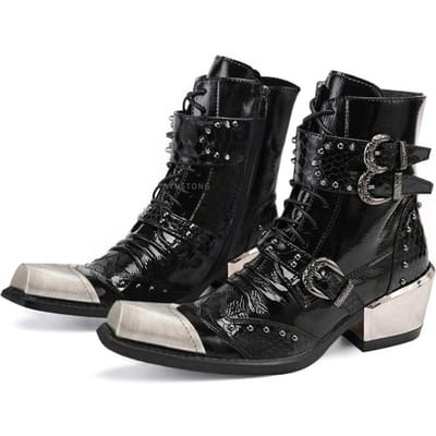Dark Rock Mannen en Vrouwen Niche Punk Western Cowboy Metaal Dikke Hak Jeugd Podium Leer Korte Laarzen Trend 38 black