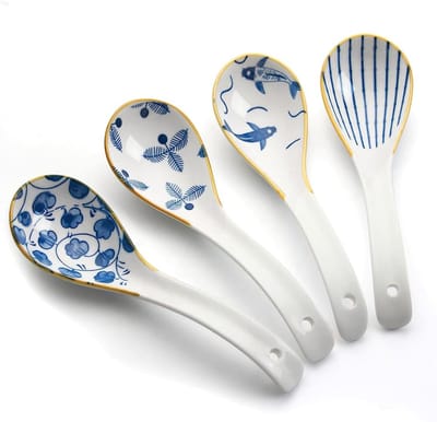 Soeplepels, 6,2 inch keramische ramenlepels, Japanse retro stijl soeplepels creatieve porseleinen Aziatische soeplepels voor Ramen Pho Granen, Wonton Dumpling Miso, Set van 4 (Patroon