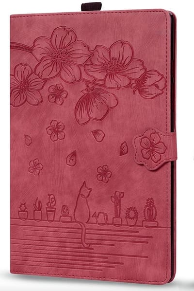 Luxe Bescherm-Etui Hoes Map geschikt voor Samsung Galaxy Tab A9 PLUS - 11" - Bloemen en Kat - Rood
