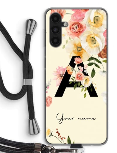 Gepersonaliseerd - Case Company® - Hoesje met koord geschikt voor Samsung Galaxy A04s hoesje met Koord - Flirty Flowers Monogram - Telefoonhoesje met Zwart Koord - Bescherming aan alle Kanten en Over de Schermrand