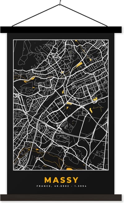 Posterhanger incl. Poster 40x60 cm - Schoolplaat - Massy - Plattegrond - Frankrijk - Kaart - Stadskaart - Textielposter - Zwarte latten - Stadskaart