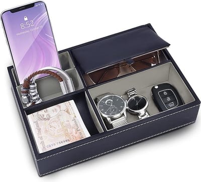 Navyblauwe Faux Lederen 5 Compartimenten Dressoir/Nachtkast Organiser Tray – Bureau Opslag Doos voor Beurs, Telefoon, Sleutels, Sieraden, Mannen Accessoires, Geld, Manchetknopen