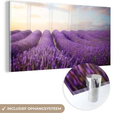 MuchoWow® Glasschilderij 40x20 cm - Schilderij acrylglas - Lavendel - Lucht - Wolken - Bloemen - Foto op glas - Schilderijen