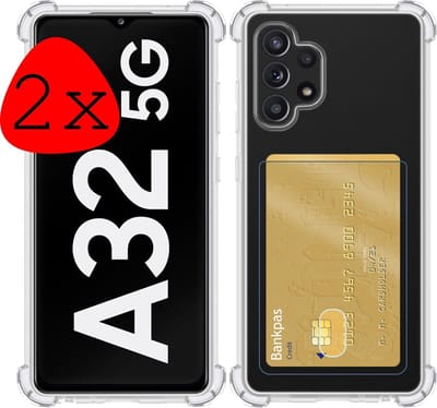 Hoesje 2 Stuks - Geschikt voor Samsung Galaxy A32 5G - Met Pashouder en Kaarthouder - Telefoon Hoes Shockproof - Siliconen Case - Back Cover - Shock Proof - Pasjes Houder - Transparant