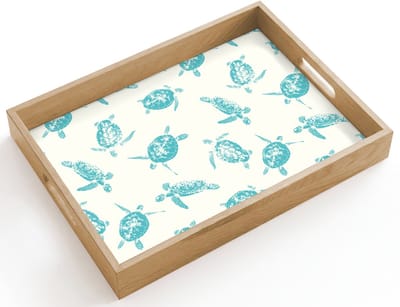 Dienblad hout 40x30 cm - Schootdienblad - Schildpadden - Patroon - Wit - Blauw - Borrelplank rechthoek - Plateau dienbladen