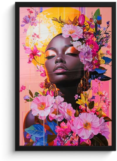 Poster in lijst - Fotolijst 40x60 cm - Posters - Kleurrijk - Bloemen - Vrouw - Zon - Posterlijst zwart - Decoratie - Wanddecoratie woonkamer - Muurdecoratie slaapkamer