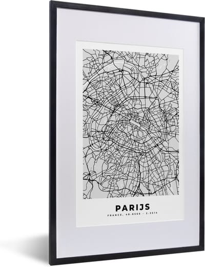 Fotolijst incl. Poster Zwart Wit- Parijs - Stadskaart - Zwart Wit - Plattegrond - Kaart - 40x60 cm - Posterlijst