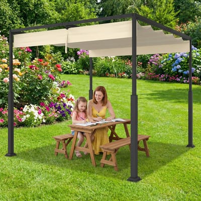 Froadp 3x3M Pergola met Schuifdak Tuinpaviljoen Waterdicht & Wintervast Vrijstaande Terrasoverkapping Zonwering - Beige