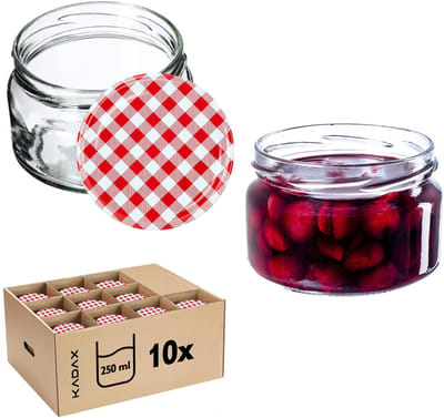 KADAX Kleine inmaakpotten, 250 ml, jampotten met deksel, luchtdichte potten om cadeau te geven, mini-potten voor honing en specerijen (10 stuks, rood geruit)