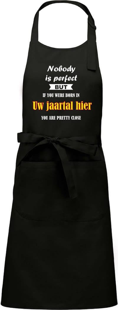 Mijncadeautje - Luxe schort - Nobody is perfect - Jaartal naar keuze - zwart