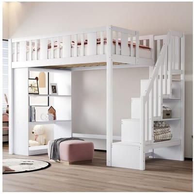 Merax Kinderhoogslaper - 90 x 200 cm - met opbergruimte in de trap en opbergplank - hout + MDF - wit