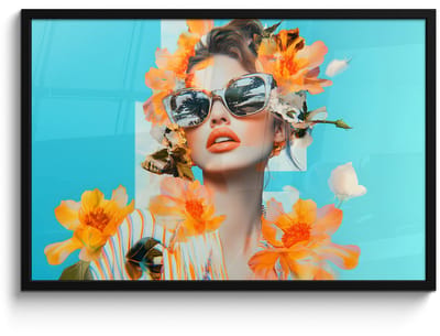 Poster in lijst - Fotolijst 90x60 cm - Posters - Bloemen - Vrouw - Zonnebril - Blauw - Posterlijst zwart - Decoratie - Wanddecoratie woonkamer - Muurdecoratie slaapkamer