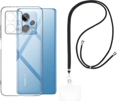Set met hoesje en nekband voor xiaomi redmi note 12 pro plus 5g - Flexibele, transparante TPU-bescherming, verstelbare universele nekband voor mobiele telefoons, zwarte nekband, transparante draagriem van Phonillico®