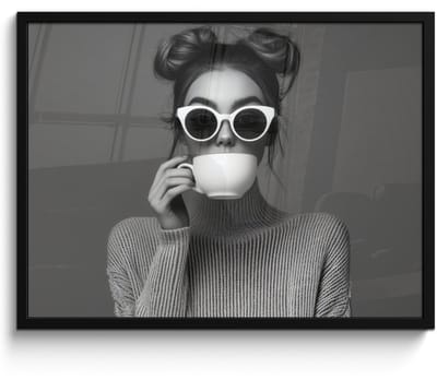 Poster in lijst - Fotolijst 70x50 cm - Posters - Vrouw - Koffie - Zwart - Wit - Posterlijst zwart - Decoratie - Wanddecoratie woonkamer - Muurdecoratie slaapkamer