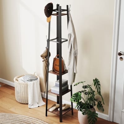 REDOM - Kapstok - 8 Haken En 4 Planken - Industrieel - Vrijstaand - Hout En Metaal - Bruin - 34,8 X 34,8 X 179 Cm