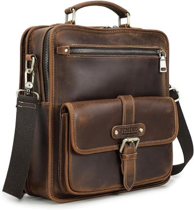 Leren Mini Laptop Schoudertas voor Mannen - Stijlvolle Crossbody Handtas in Bruin voor Werk en Vrije Tijd