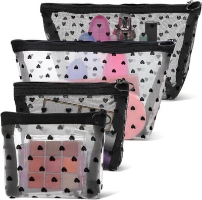Set van 4 Hart Bedrukte Mesh Makeup Tassen, Witte en Zwarte Reistas voor Lipstick en Accessoires, Ideaal voor Vrouwen en Reizen, Handige Organizer voor Cosmetica
