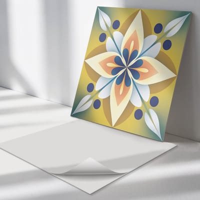 Wallfluent Vinyl Tegels - Bloemenmandalapatroon Zelfklevende Vinyl Tegels - 30 cm x 30 cm - Geel Vinyl Tegels - 9 stuks - Vierkant PVC Tegels - Bloemen en Planten Plaktegels - Vinyl Wandtegels - Plaktegels Keuken en Badkamer
