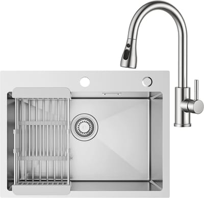 SOFETIY MAX Spoelbak voor keuken 60 x 45 cm - Spoelbakken Keuken Met Keukenkraan Met Uittrekbare Uitloop - Wasbak Keuken Met Aftapmand en Waterafvoersysteem