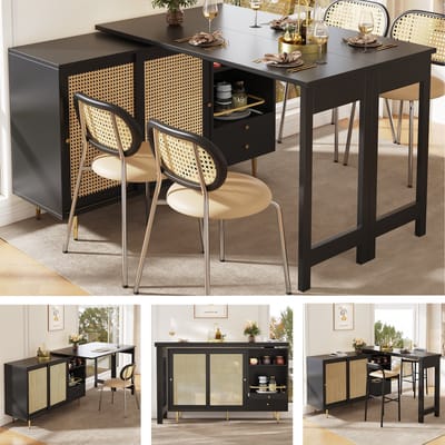 Bartafel - 107 x 40 x 71.4 cm - 360° Draaibare Bartafel met Rotan Deur en Open Rek - MDF - Zwart