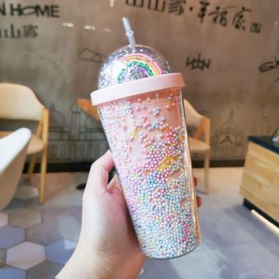 Cartoon Schattige Regenboog Beker met Rietje Dubbelwandig Plastic BPA-vrij Vrouw Meisje Waterfles voor Sap Melk Koffie 500ml Drinkbeker 550ml