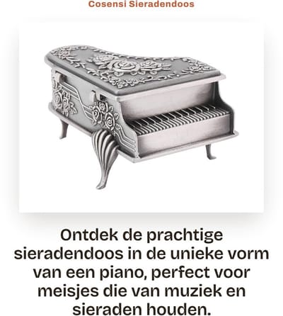 Dailygoods- Sieradenbox met piano-vorm - Sieradenkast - Sieradenkistje - Antiek zinklegering - Rozenmotief - 9x6.5x5cm - Sieradenkist