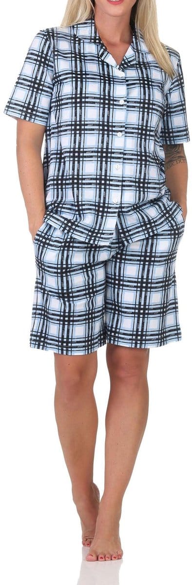 Normann dames pyjama shorty met korte mouwen en doorknoop in ruitlook - ook in grote maten