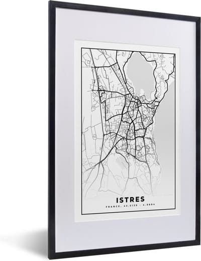 Fotolijst incl. Poster Zwart Wit- Frankrijk - Istres - Kaart - Plattegrond - Stadskaart - Zwart wit - 40x60 cm - Posterlijst