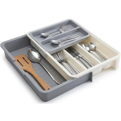 Cheqo® Bestekbak Uitschuifbaar - Besteklade - Bestekhouder - Bestekcassette - Keukenlade Organizer - Bestek Organizer - Lade Organizer - Inzetbak - Lade-indeler - Verstelbaar - Ladeverdeler - Opbergbak voor Keuken - Bestek Opbergen - Bestekla
