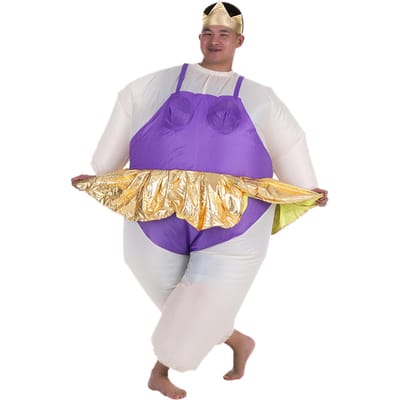 Decdeal schattig opblaasbaar ballerina kostuum voor volwassenen, dik pak voor vrouwen/mannen, met luchtventilator, opblaasbaar Halloweenfeest, chique jumpsuit, outfit purple