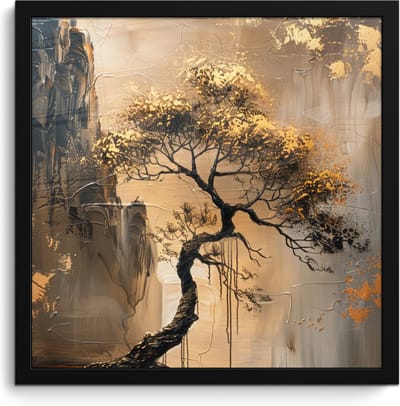 Poster in lijst - Fotolijst 40x40 cm - Posters - Boom - Goud - Landschap - Verf - Posterlijst zwart - Decoratie - Wanddecoratie woonkamer - Muurdecoratie slaapkamer
