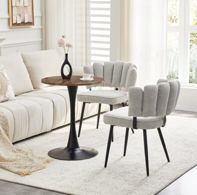 Set Tafel En Stoelen - Ronde Eettafel Met 2 Eetkamerstoelen En Bloemblad Rugleuning - Voor Eethoek En Woonkamer - Hout Metaal Lichtgrijs