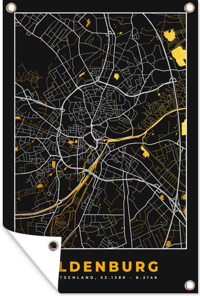 Muurdecoratie Oldenburg - Duitsland - Goud - Stadskaart - Plattegrond - Kaart - 120x180 cm - Tuinposter - Tuindoek