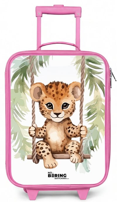 NoBoringSuitcases.com® - Kinderkoffer roze - Kindertrolley meisje - Luipaard welp op een schommel waterverf illustratie - Koffer kind lichtgewicht - Reiskoffer trolley voor kinderen - Koffertje met lichtgevende wieltjes - Rolkoffer