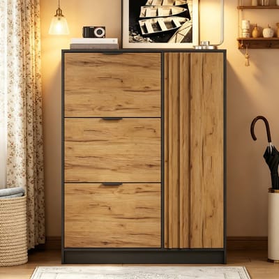Clruro Schoenenkast - 100 x 30 x 130 cm - met klepvakken en afsluitbaar - MDF - Naturel + zwart